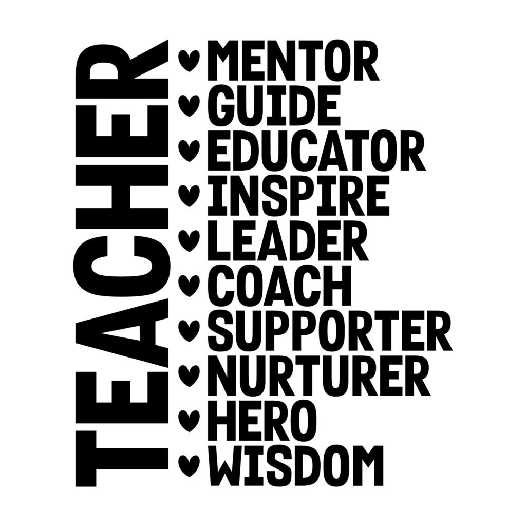 Teacher Appreciation SVG with words like Mentor, Guide, Leader, Hero, Wisdom – perfect for gifts.
