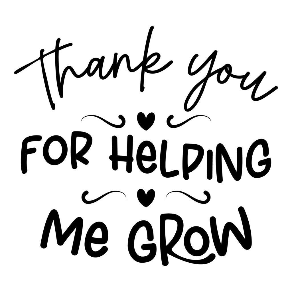Thank You for Helping Me Grow SVG design with floral and heart text icons, ideal for teacher gifts and crafts.