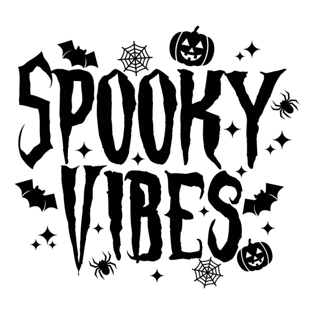Spooky Vibes Halloween SVG: ghost, moon, bats, and script text for Halloween crafts preview.