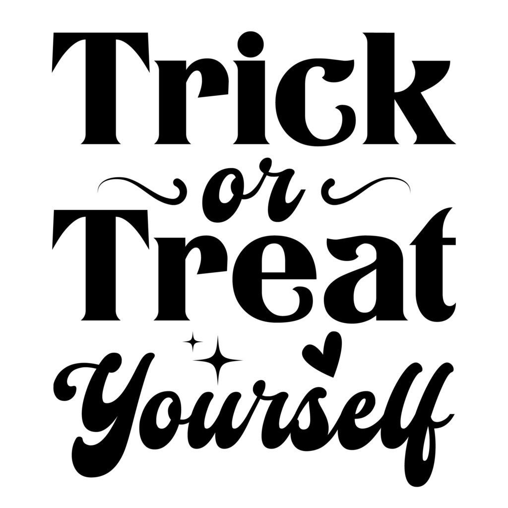 Trick or Treat Yourself SVG preview with pumpkin, ghost, and banner - free Halloween vector art for Cricut and craft prints