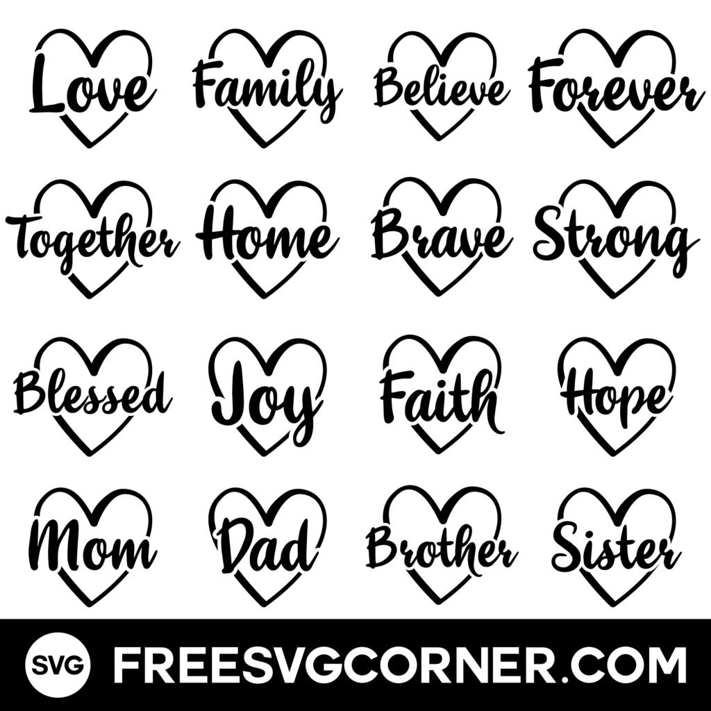 Free Heart Outline SVG Bundle with 16 Love, Family, and Inspirational Words for Cricut and Silhouette