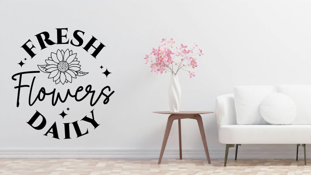 Fresh Flowers Daily SVG design with farmhouse style text, perfect for Cricut, Silhouette, rustic home decor wall art, wooden signs, and free DIY craft projects.