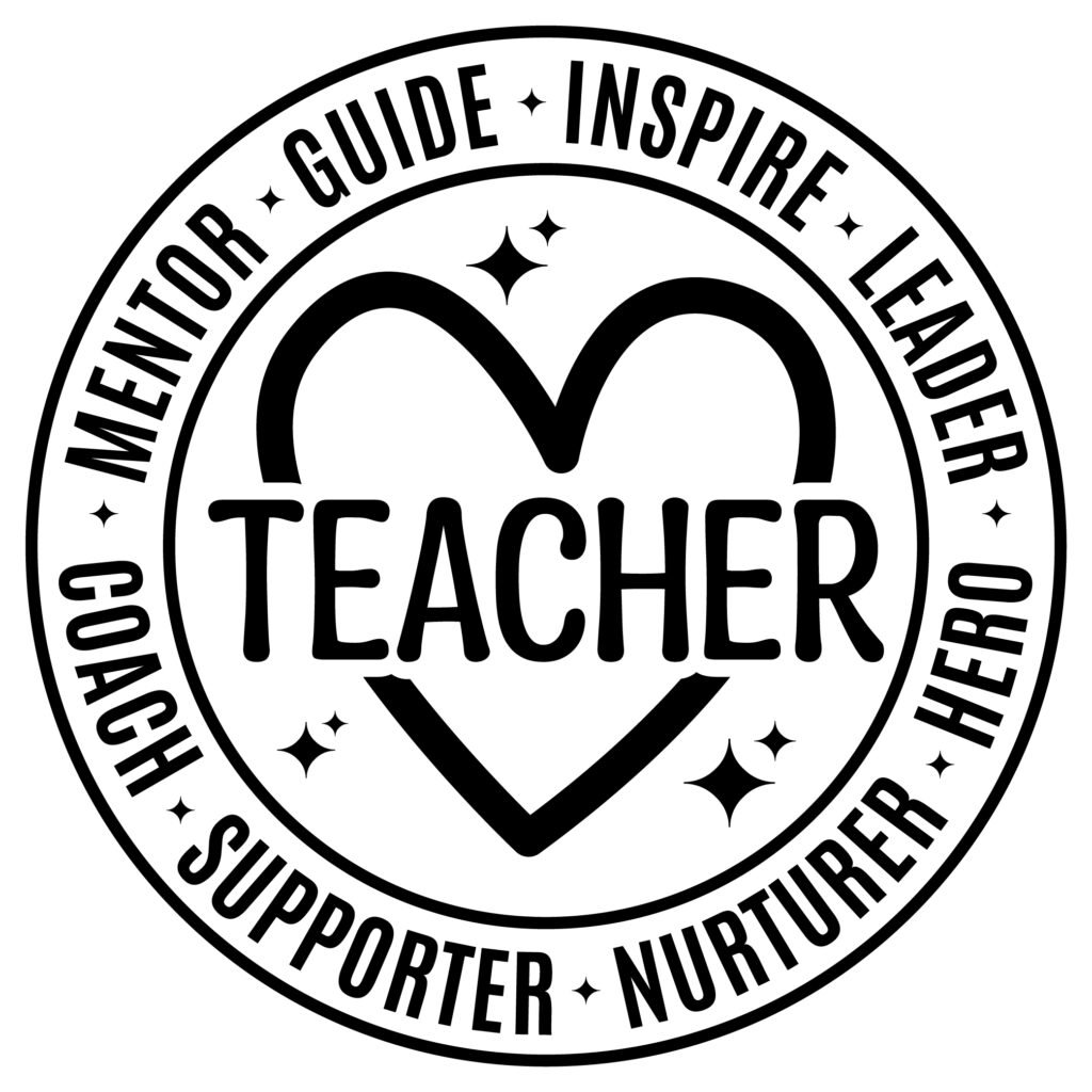 Free Teacher Heart SVG design with Mentor, Guide, Inspire, Leader, Coach, Supporter, Nurturer, Hero words for Cricut and Silhouette projects.