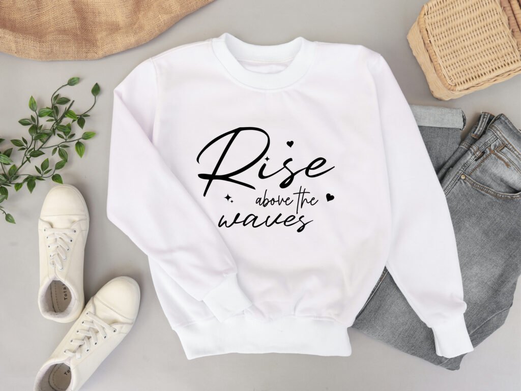 Rise above the waves SVG design featuring a clean ocean wave and motivational quote, perfect for Cricut, Silhouette, and printable projects.