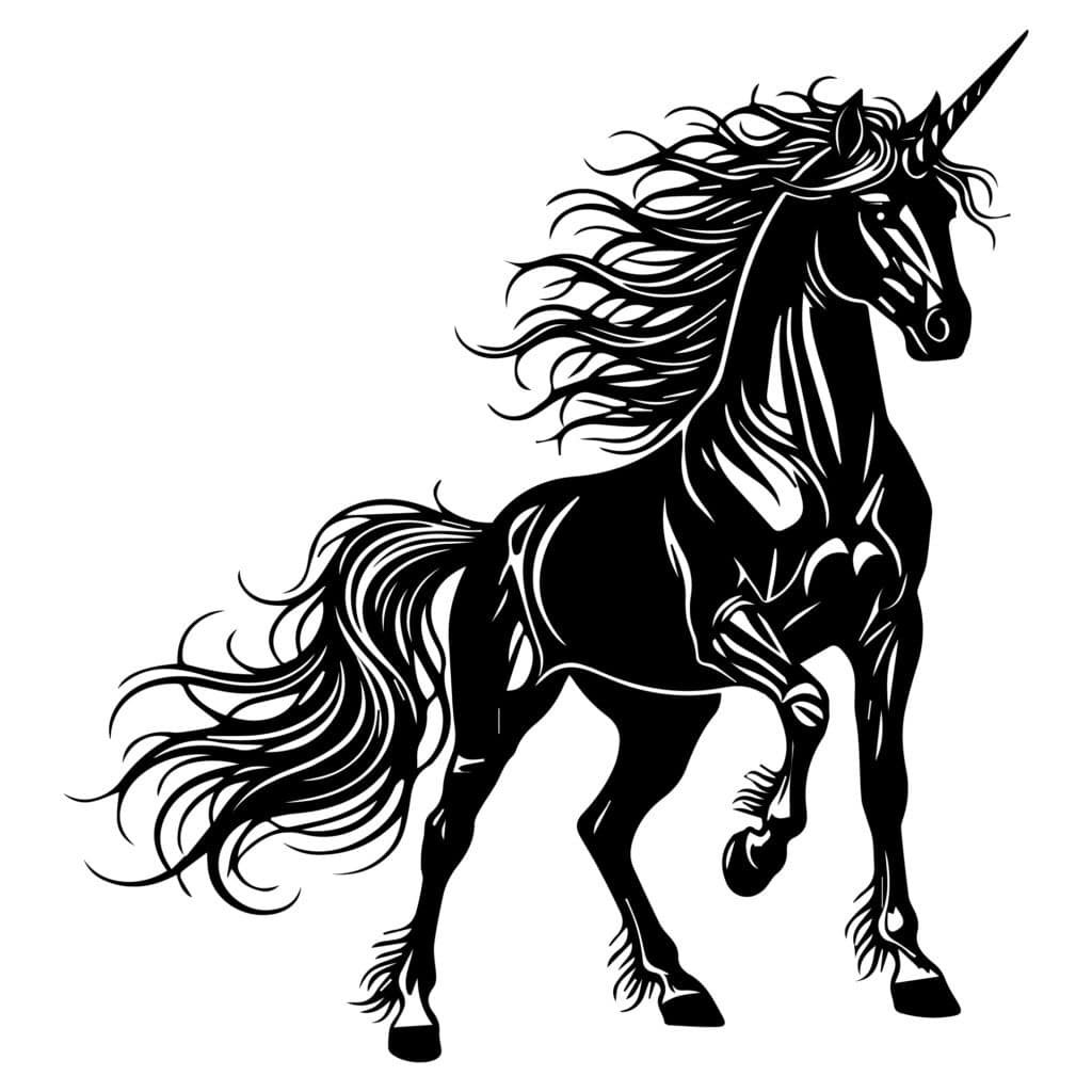 Unicorn svg with flowing mane silhouette, intricate vector design for Cricut and digital crafts, free unicorn svg for personal and commercial use.