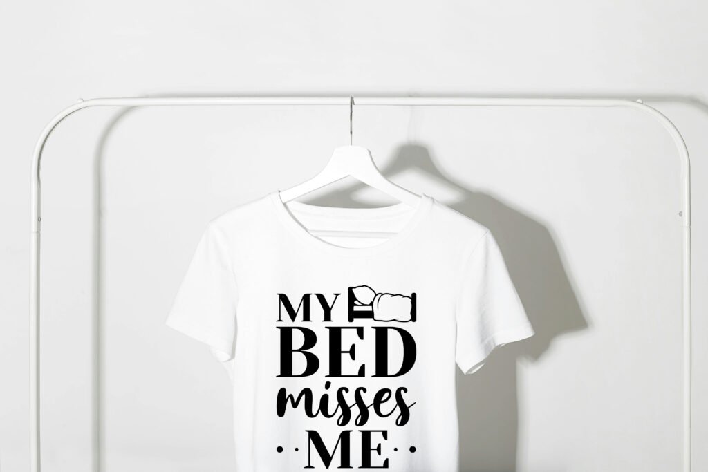 Funny My Bed Misses Me SVG design for t shirts, mugs, and home decor. Relatable humor, sarcastic quote, and witty saying for adults.
