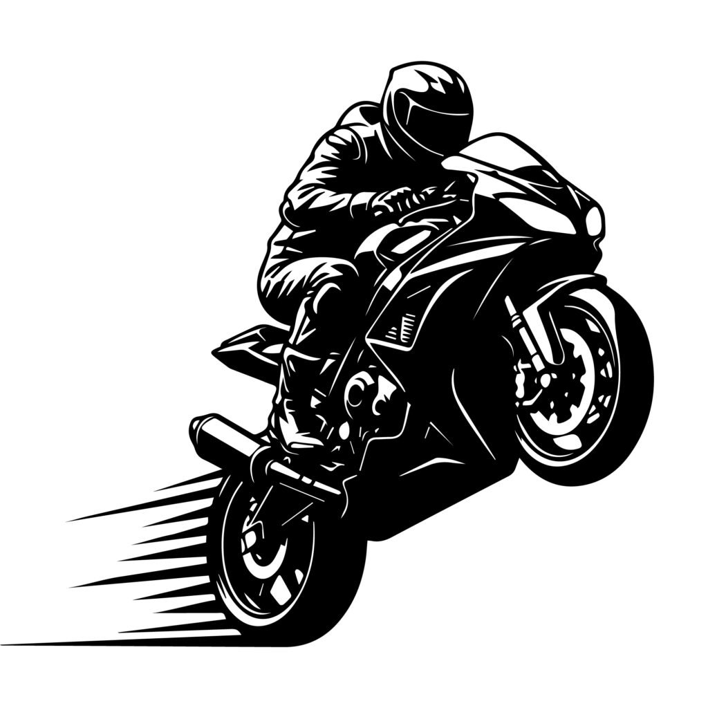 Black silhouette speed bike rider SVG showing a racing motorcycle in motion, perfect for cut files and vector projects.