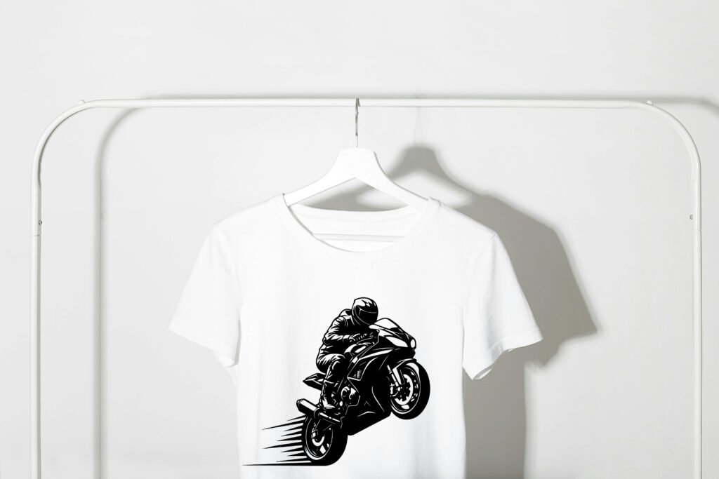 Black silhouette speed bike rider SVG showing a racing motorcycle in motion, perfect for cut files and vector projects.