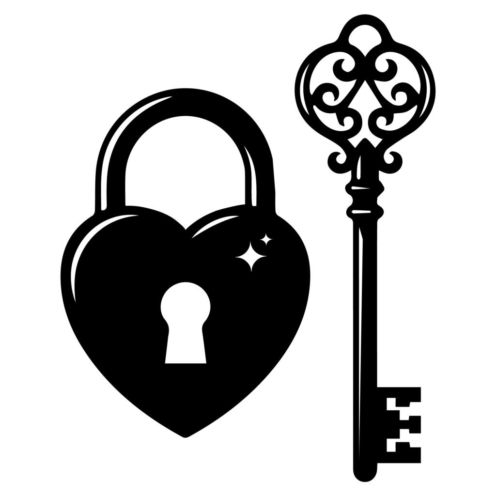 Vintage heart lock and key svg silhouette in classic romantic style