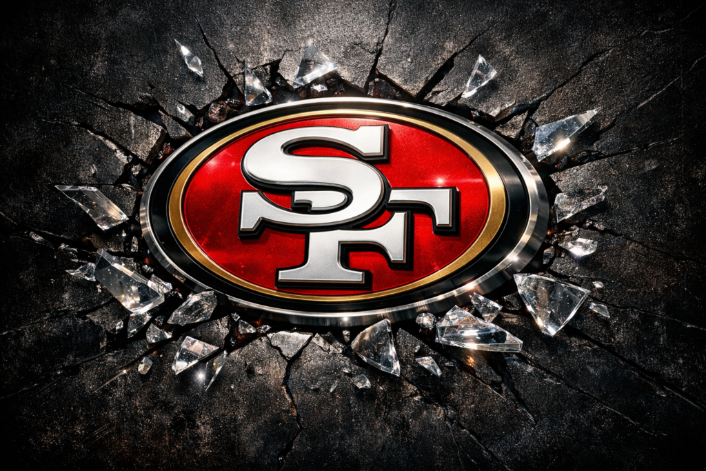 San Francisco 49ers logo breaking through rusted steel with red glow and glitch distortion