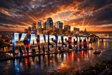 Ultra-detailed 3D Kansas City skyline wallpaper at sunset with glowing skyscrapers, dramatic clouds over the Missouri River, and massive chrome “Kansas City” text reflecting golden light in a cinematic 8K cityscape view.