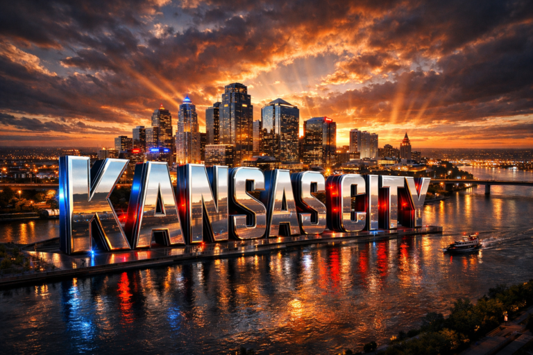 Ultra-detailed 3D Kansas City skyline wallpaper at sunset with glowing skyscrapers, dramatic clouds over the Missouri River, and massive chrome “Kansas City” text reflecting golden light in a cinematic 8K cityscape view.