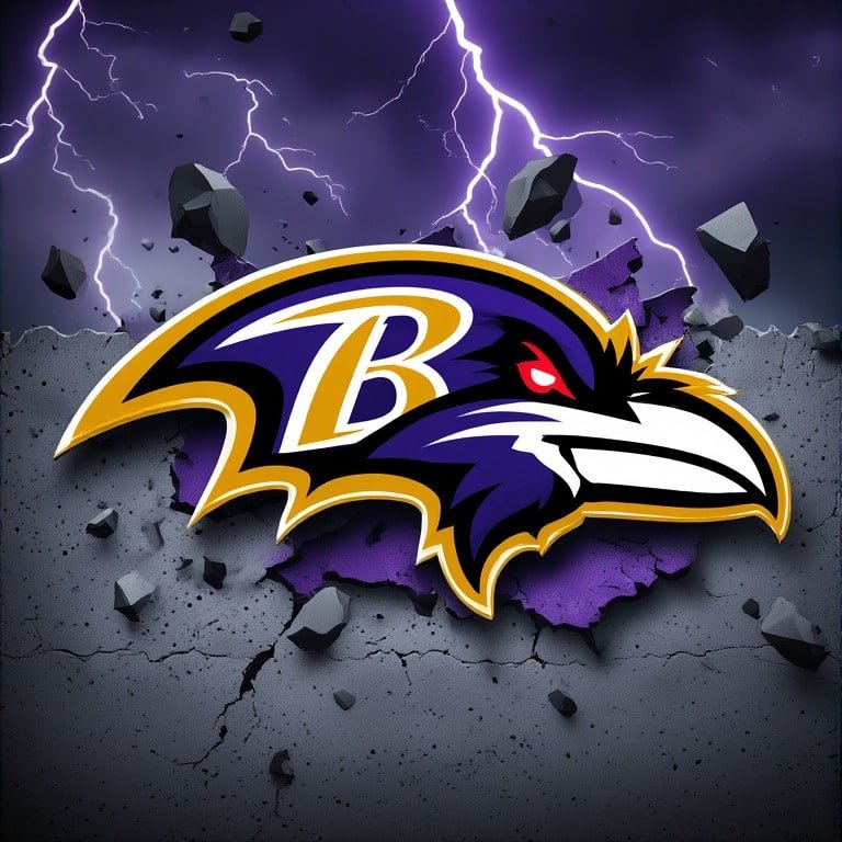 Baltimore Ravens official 3D logo breaking shattered concrete wall with glowing eyes purple lightning storm 8K ultra HD NFL wallpaper