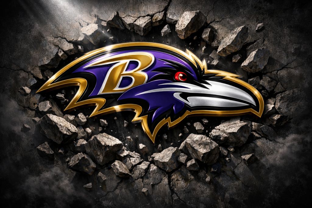 Baltimore Ravens shattered metal logo wallpaper with purple neon glow