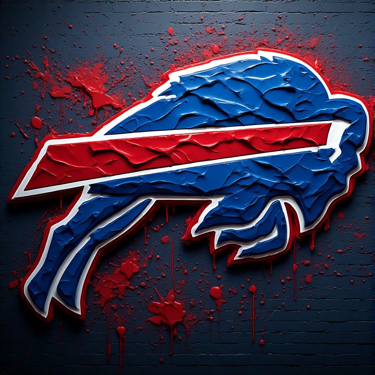 Buffalo Bills 3D charging buffalo logo with red and blue dripping paint
