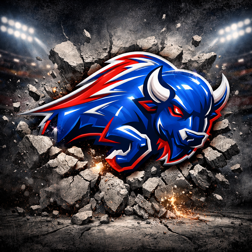 Buffalo Bills cracked concrete logo wallpaper with electric blue glow and glitch distortion