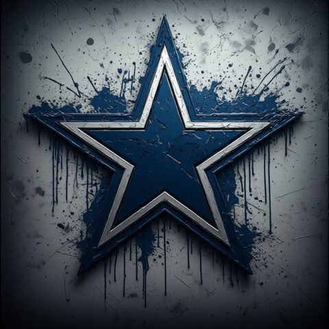 Dallas Cowboys 3D metallic star logo with silver dripping paint on dark graffiti wall background