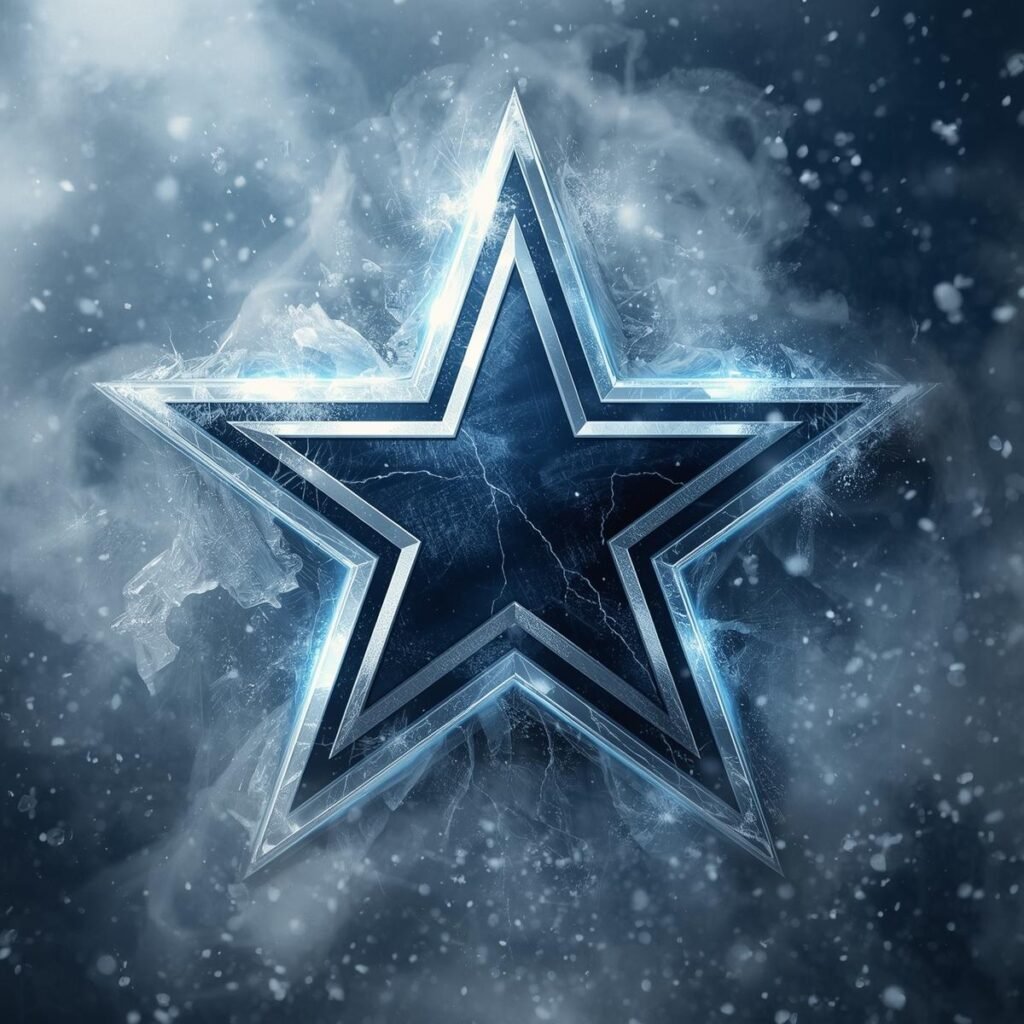 Dallas Cowboys star logo frozen in ice with snow and winter effects