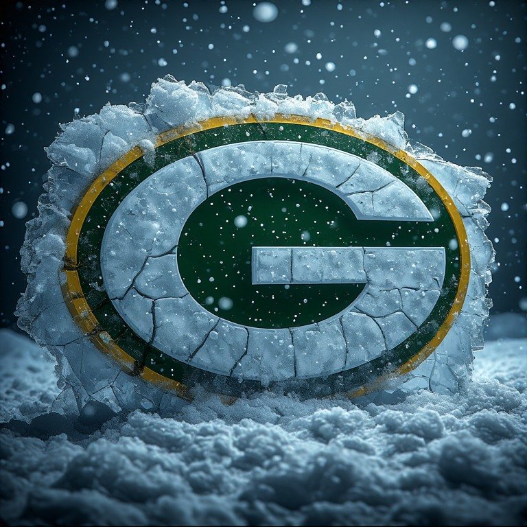 Green Bay Packers logo carved from ice in snow