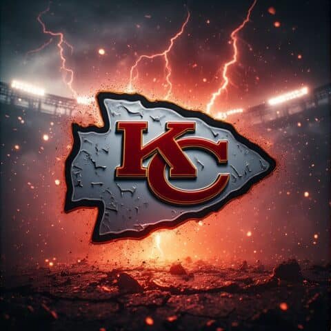 Kansas City Chiefs official 3D logo wallpaper with red lightning smoke cracked ground fiery glow ultra HD 8K NFL background