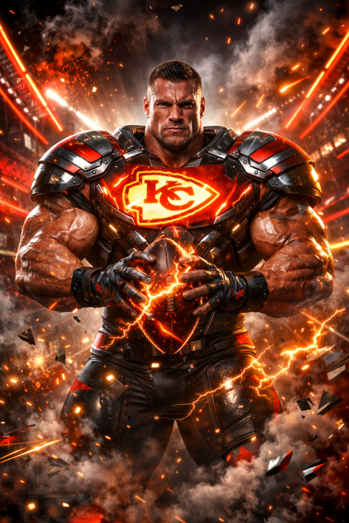 Futuristic ultra muscular football warrior in Kansas City Chiefs inspired glowing red and gold armor holding an electric football in a dramatic NFL stadium with cinematic lighting and explosive energy effects.