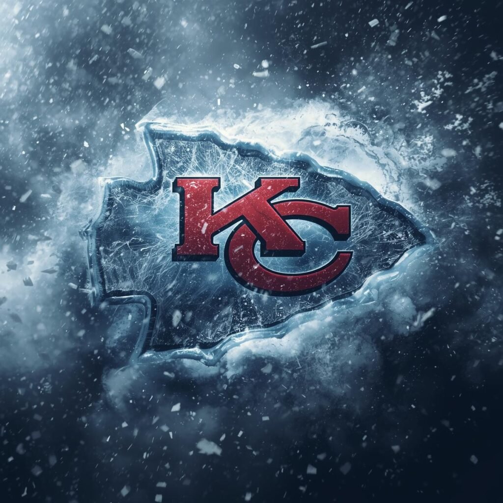 Kansas City Chiefs logo frozen in ice with snow and winter atmosphere