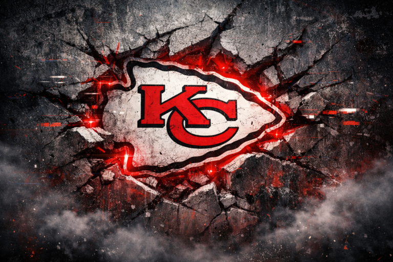Kansas City Chiefs broken grunge logo wallpaper with red neon cracked concrete texture and glitch distortion