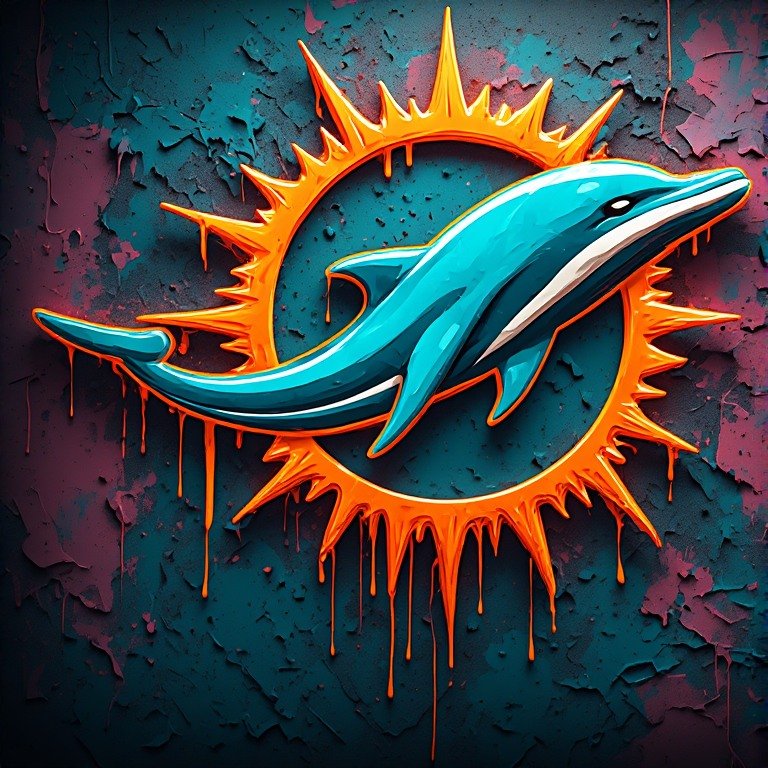 Miami Dolphins 3D teal and orange logo with dripping graffiti paint