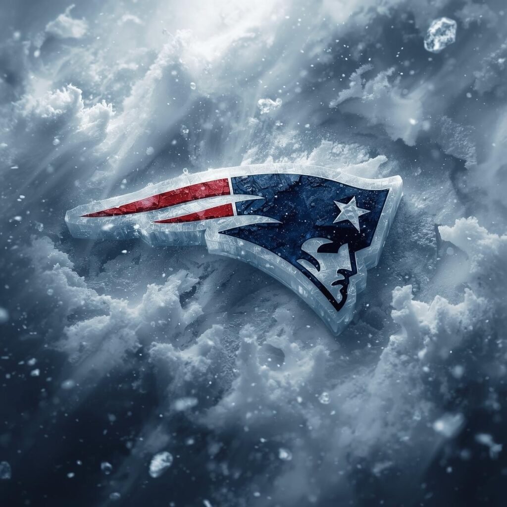 New England Patriots logo frozen in ice with winter snow effects