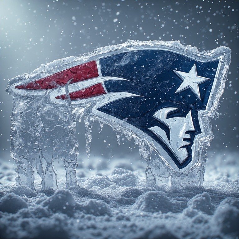 New England Patriots logo made from ice in snowy setting