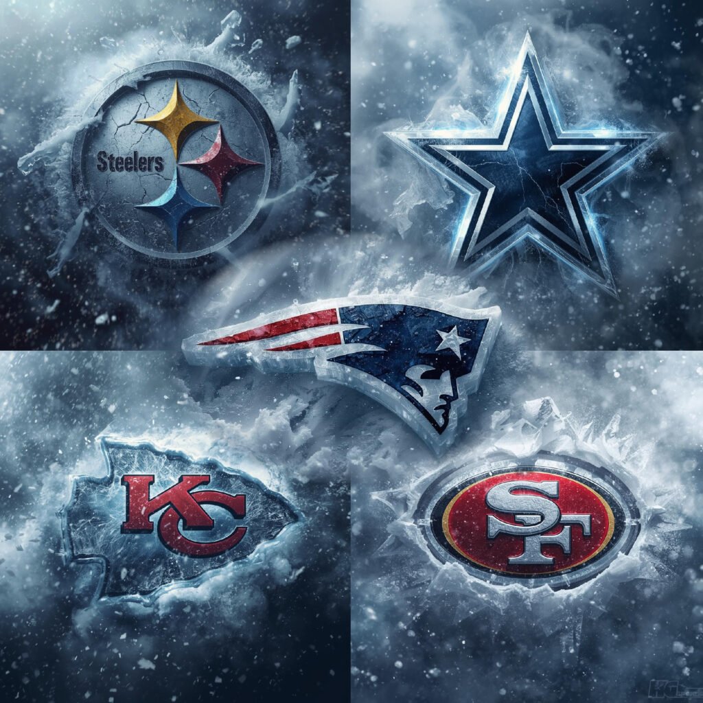 NFL team logos in frozen winter ice theme with snow and cinematic effects
