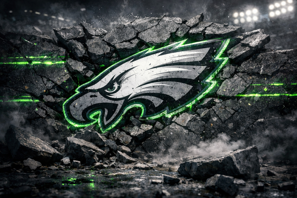 Philadelphia Eagles cracked stone logo wallpaper with neon green glitch effect