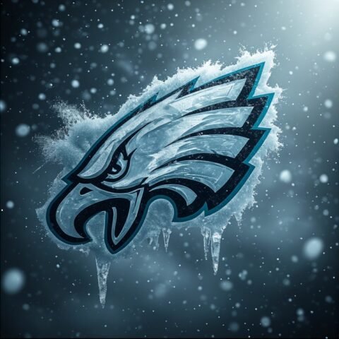 Philadelphia Eagles logo carved from ice in snowy scene