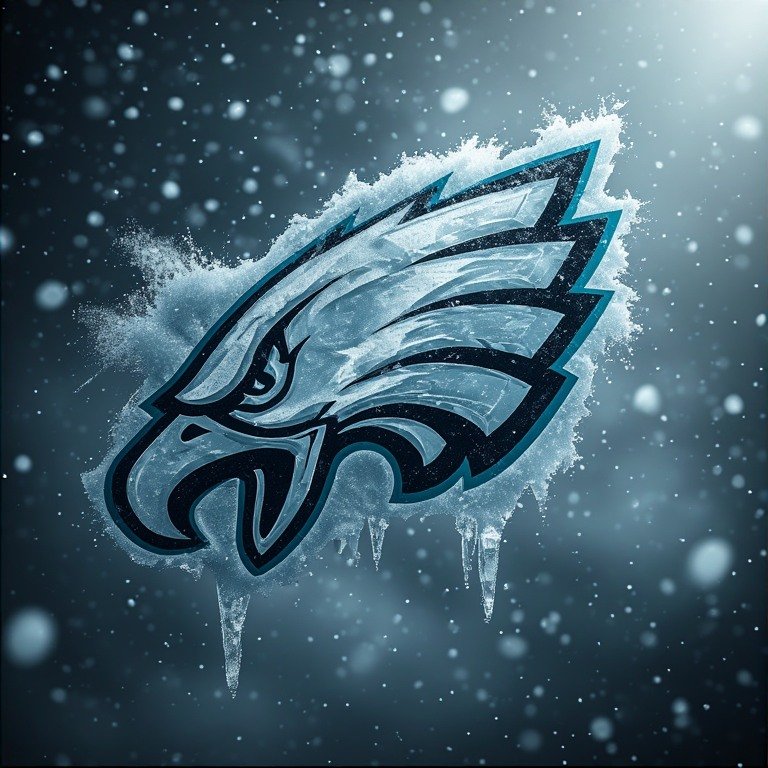 Philadelphia Eagles logo carved from ice in snowy scene