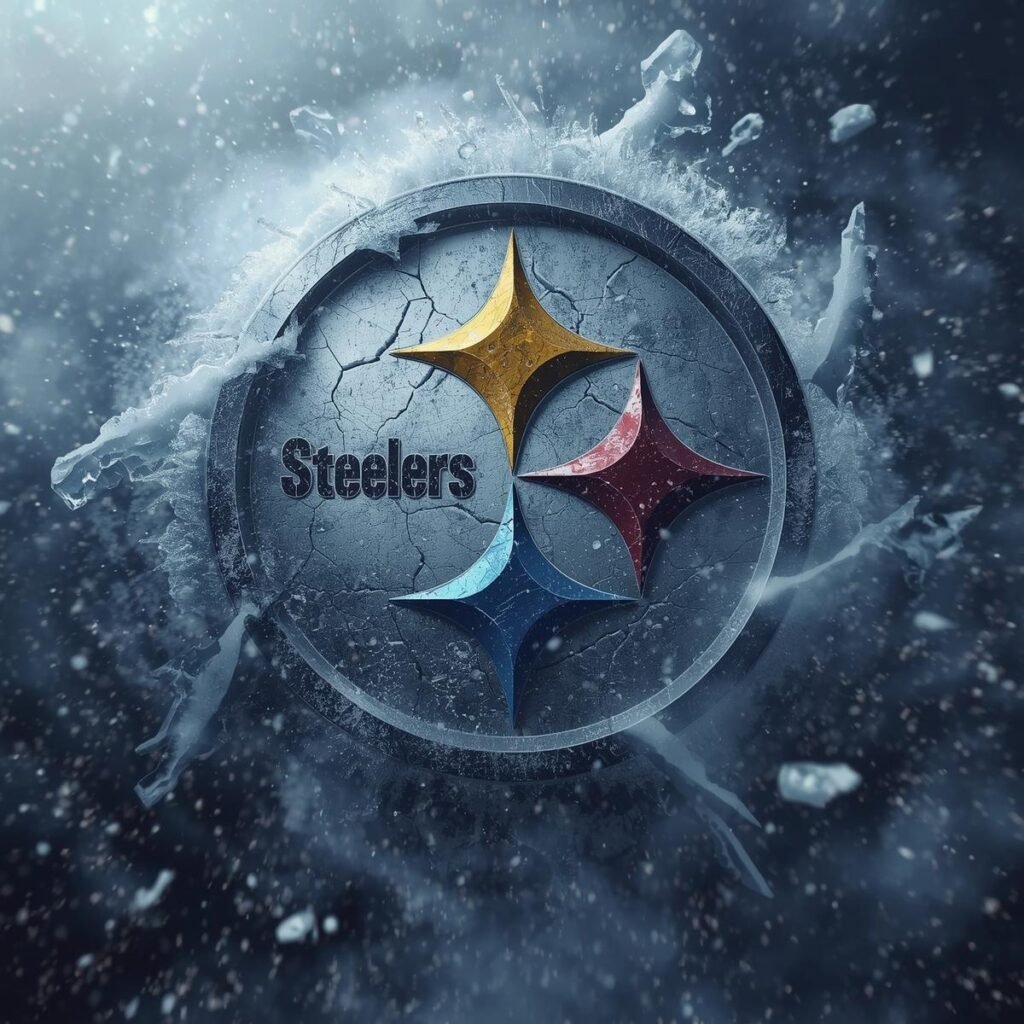 Pittsburgh Steelers logo in frozen winter ice theme with snow and frost effects