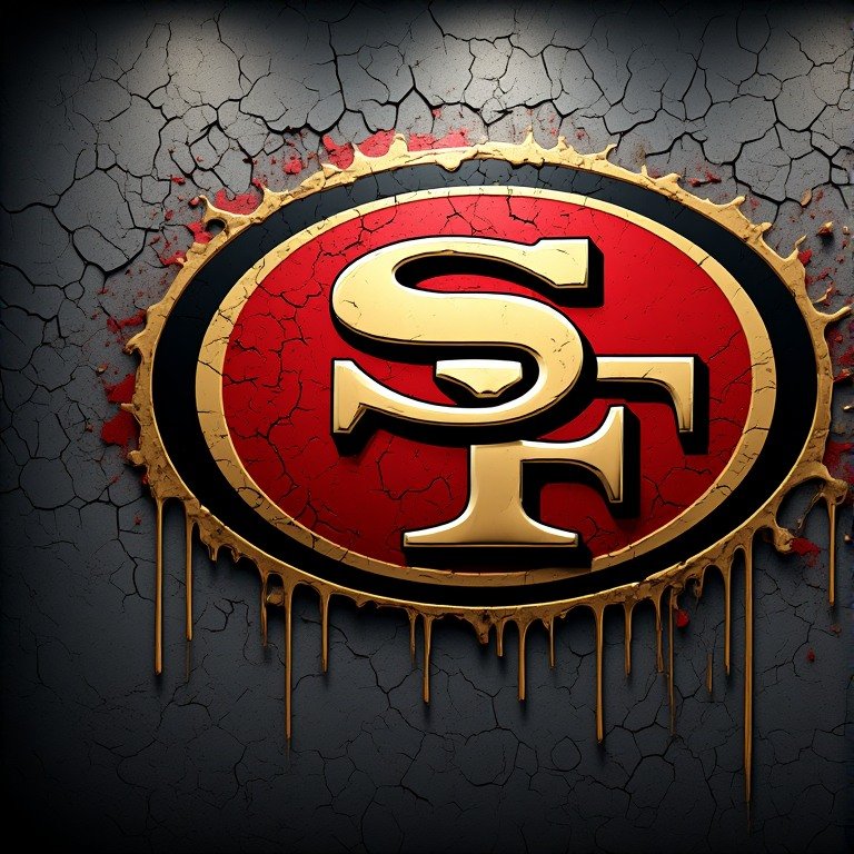 San Francisco 49ers metallic gold SF logo with dripping paint on cracked wall