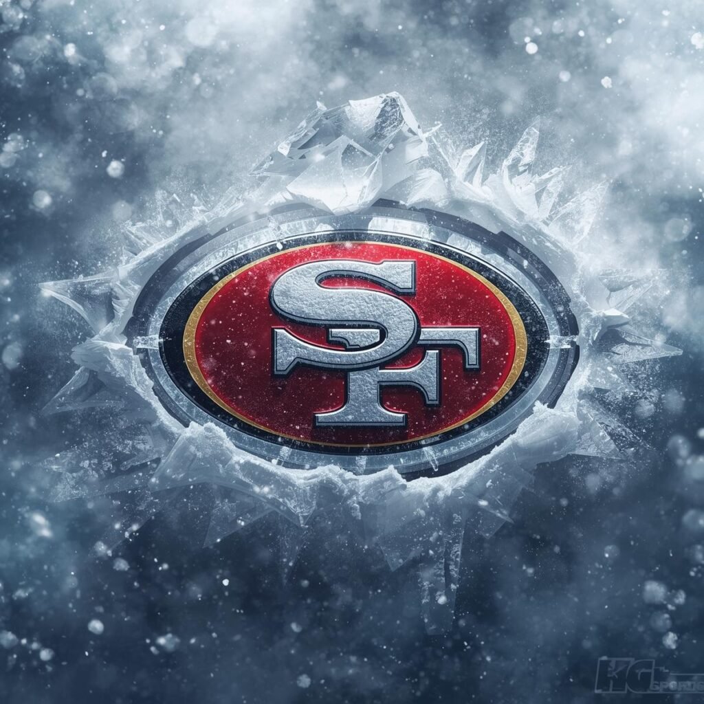 San Francisco 49ers logo frozen in ice with snow and winter effects