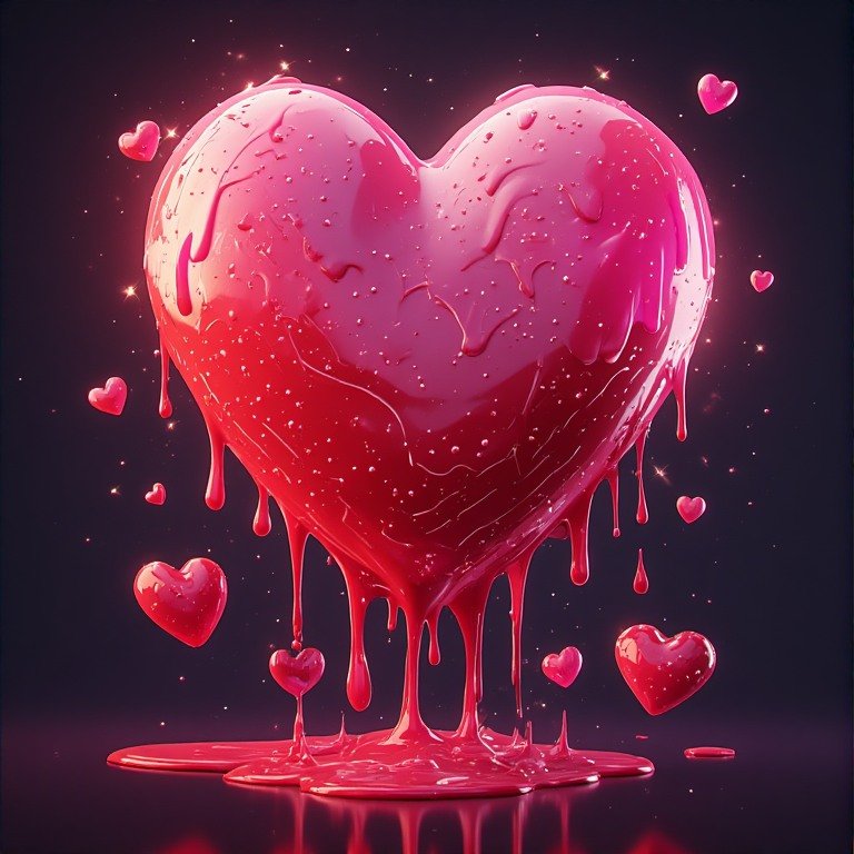 Glossy 3D Valentine heart wallpaper with dripping effect, roses, and sparkles