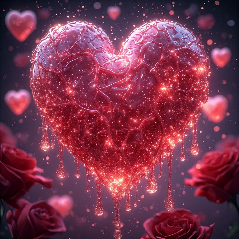 Glossy 3D Valentine heart wallpaper with dripping effect, roses, and sparkles