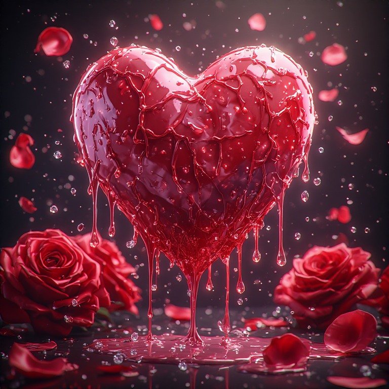 Glossy 3D Valentine heart wallpaper with dripping effect, roses, and sparkles