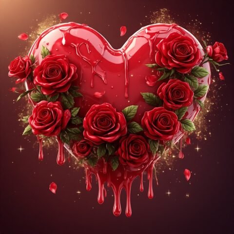 Glossy 3D Valentine heart wallpaper with dripping effect, roses, and sparkles
