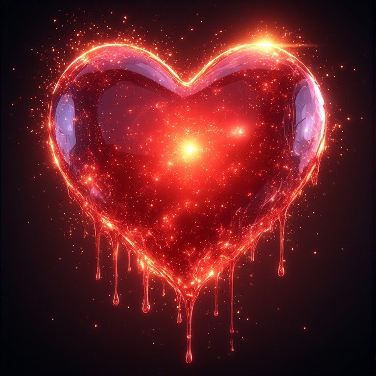 Glossy 3D Valentine heart wallpaper with dripping effect, roses, and sparkles