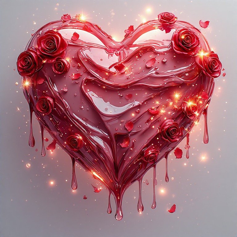 Glossy 3D Valentine heart wallpaper with dripping effect, roses, and sparkles