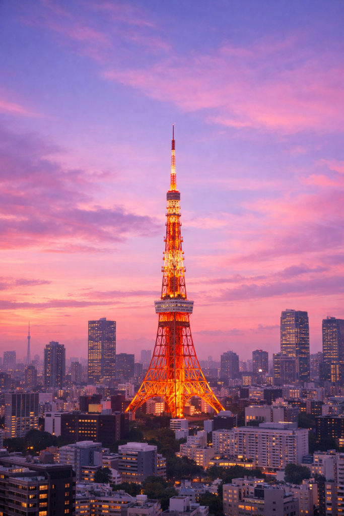 Tokyo Tower glowing at sunset with warm orange lights under a dreamy pink and purple sky, cinematic Tokyo skyline, minimal aesthetic 4K wallpaper.